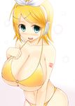  alternate_breast_size bikini blonde_hair blue_eyes blush breasts facominn fang female gradient gradient_background hair_ornament hairclip headphones huge_breasts kagamine_rin o-ring_top open_mouth ribbon smile solo swimsuit vocaloid yellow_bikini 