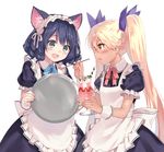  animal_ears bangs blonde_hair blue_hair blush brown_eyes cat_ears curly_hair cyan_(show_by_rock!!) fang feeding food fukahire_(ruinon) glasses green_eyes hair_ornament headband long_hair maid multiple_girls open_mouth parfait retoree short_hair show_by_rock!! simple_background tray twintails white_background 