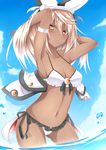  armpits arms_up bad_id bad_pixiv_id bikini bikini_bottom bikini_top blonde_hair dark_skin frilled_bikini frills guilty_gear guilty_gear_xrd hat highres inaba_sunimi midriff navel ramlethal_valentine solo swimsuit water yellow_eyes 