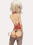  428 ass backless_outfit bare_back bare_shoulders black_panties brown_hair canaan canaan_(character) dark_skin directional_arrow from_behind grey_background oteruko_(wanabeee) panties pants_down pants_pull silver_hair simple_background solo sweatdrop underwear white_hair 