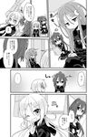 :o ;) check_translation comic crescent crescent_hair_ornament crossed_legs fumizuki_(kantai_collection) greyscale grin hair_ornament high_ponytail kantai_collection long_hair long_sleeves monochrome multiple_girls nagasioo nagatsuki_(kantai_collection) necktie one_eye_closed pleated_skirt ponytail pout satsuki_(kantai_collection) school_uniform serafuku shaded_face skirt smile translation_request twintails 