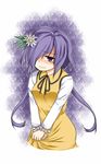  bags_under_eyes clothes_grab dress dress_grab flower hair_flower hair_ornament hair_over_one_eye highres long_hair long_sleeves looking_at_viewer purple_background purple_eyes purple_hair solo touhou tsukumo_benben twintails v_arms yellow_dress zetsumame 