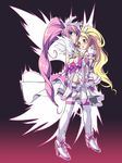  &gt;:( :o alternate_costume boots bow carrying choker crescendo_cure_melody cure_melody cure_rhythm eyelashes frown futago_monad gradient gradient_background highres houjou_hibiki knee_boots long_hair magical_girl minamino_kanade multiple_girls pink_bow precure princess_carry simple_background suite_precure v-shaped_eyebrows very_long_hair white_choker wings 
