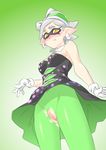  blush clenched_teeth domino_mask dress earrings embarrassed highres hotaru_(splatoon) jewelry mask pantyhose pointy_ears pussy short_hair silver_hair solo splatoon_(series) splatoon_1 sweatdrop taka-michi teeth torn_clothes torn_legwear yellow_eyes 
