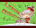  bad_id bad_pixiv_id beamed_eighth_notes beamed_sixteenth_notes character_name chibi closed_eyes eighth_note hat lyrica_prismriver mixing_console musical_note open_mouth outstretched_arm pozesuke short_hair silver_hair smile solo touhou treble_clef 