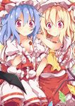  ascot ass bat_wings blonde_hair blue_hair commentary_request dress flandre_scarlet hat highres kan_lee looking_at_viewer mob_cap multiple_girls pink_eyes puffy_short_sleeves puffy_sleeves red_dress remilia_scarlet sash short_sleeves siblings sisters stamp tears touhou wavy_mouth white_dress wings 
