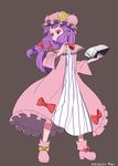  :&lt; ankle_boots artist_name book boots colored_eyelashes crescent crescent_hair_ornament dated double_bun dress full_body grey_background hair_ornament hair_ribbon hat long_hair looking_to_the_side mob_cap nogi_(sakanashikatabenai) open_book patchouli_knowledge purple_eyes purple_hair ribbon robe shoe_ribbon simple_background solo striped striped_dress touhou tress_ribbon 