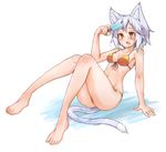  animal_ears barefoot bikini blue_hair blush breasts cat_ears cat_tail collarbone commentary exasperation fang feet food hot legs medium_breasts open_mouth orange_eyes original popsicle ryota_tentei scar short_hair solo sweat swimsuit tail thighs toes tora_tentei 