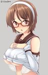  :o bare_shoulders bespectacled blush bra breast_hold breasts brown_eyes brown_hair collarbone commentary detached_sleeves front-hook_bra glasses grey_background hairband interlocked_fingers kantai_collection large_breasts looking_at_viewer natori_(kantai_collection) navel open_bra open_mouth school_uniform serafuku shirt_lift short_hair solo twitter_username underboob underwear uni8 untied upper_body white_bra 
