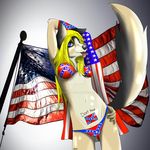  arkbeast_(artist) arm_above_head big_tail bikini blonde_hair blue_eyes canine clothed clothing confederate_flag edgy english_text female flag fluffy_tail fur hair long_hair mammal outside pride solo stars_and_stripes swimsuit tan_fur tattoo text tongue tongue_out trixy united_states_of_america watermark 