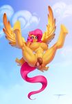  2015 absurd_res animal_genitalia anthro anthrofied areola balls big_breasts breasts cloud dickgirl equine fluttershy_(mlp) friendship_is_magic hair hi_res hooves horsecock huge_breasts intersex long_hair mammal my_little_pony nipples nude outside pegasus penis pink_hair solo spread_legs spreading white-devil wings 