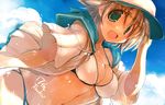  blonde_hair body_writing breasts cleavage green_eyes looking_at_viewer medium_breasts original sakaki_(noi-gren) short_hair smile solo tan tanline 