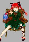  animal_ears bogyaku_no_m bow braid cat_ears chair dress extra_ears fang green_dress grey_background hair_bow hair_ornament hair_ribbon kaenbyou_rin leg_ribbon long_hair long_sleeves looking_at_viewer mary_janes open_mouth pointy_ears puffy_sleeves red_eyes red_hair ribbon sash shoes simple_background sitting skull solo touhou twin_braids 