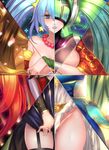  alternate_costume alternate_hair_color aqua_hair arcade_sona areola_slip areolae black_legwear blonde_hair blush breasts commentary_request covering covering_breasts dj_sona dress dress_tug eyes_visible_through_hair garter_straps green_eyes groin hair_between_eyes highres large_breasts league_of_legends lips lipstick long_hair looking_at_viewer makeup mask mosaic_art no_panties parted_lips partially_visible_vulva pd_(pdpdlv1) red_hair short_dress solo sona_buvelle thighhighs twintails very_long_hair 