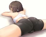  alternate_costume ass bare_arms bare_shoulders bike_shorts blush brown_hair flexible from_behind ipuu_(el-ane_koubou) kantai_collection looking_at_viewer looking_back lying midriff on_stomach pantylines short_hair simple_background solo split spread_legs taihou_(kantai_collection) thighs trefoil underwear yellow_eyes 
