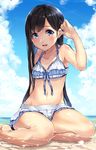  adjusting_hair ao_no_neko arm_support arms_up barefoot beach bikini bikini_skirt black_hair blue_eyes blush breasts cloud collarbone day frilled_bikini frills groin long_hair navel ocean open_mouth original outdoors partially_submerged shore sitting sky small_breasts solo swimsuit very_long_hair wet 