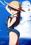  black_hair brown_eyes hand_on_headwear hand_on_own_chest hat kantai_collection kato_(mogumoguokome) long_hair md5_mismatch one-piece_swimsuit polka_dot polka_dot_swimsuit scrunchie solo sun_hat swimsuit ushio_(kantai_collection) wrist_scrunchie 