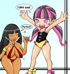  artist_request black_hair blush breasts cleavage dark_skin draculaura eyeshadow facial_mark gradient gradient_background hanging_breasts heart large_breasts lipstick long_hair makeup monster_high multicolored_hair multiple_girls one_eye_closed pink_eyes pink_hair pointy_ears sling_bikini swimsuit twintails vampirella wink 