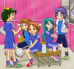  ball blue_eyes blue_hair bottle braid green_eyes green_hair hair_ribbon highres hikawa_iona houjou_hibiki kaidou_minami karapago locker locker_room lotion midorikawa_nao multiple_girls natsuki_rin orange_eyes orange_hair ponytail precure purple_eyes purple_hair ribbon single_braid soccer_ball soccer_uniform sportswear sunscreen towel towel_around_neck 