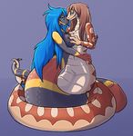  2013 anthro blue_eyes blue_hair breasts brown_hair coiling duo female female/female forked_tongue green_eyes grope hair liara_(microphone) naga nude reptile royalty_(artist) scalie smile snake tongue 