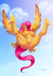  2015 absurd_res anthro anthrofied areola big_breasts breasts cloud equine female fluttershy_(mlp) friendship_is_magic hair hi_res hooves huge_breasts long_hair mammal my_little_pony nipples nude outside pegasus pink_hair pussy solo spread_legs spreading white-devil wings 