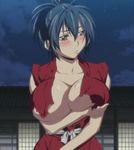  1girl blue_hair blush breast_hold breasts brown_eyes cleavage cloud huge_breasts large_breasts manyuu_chifusa manyuu_hikenchou night pout screencap solo stitched yellow_eyes 