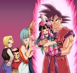  3girls android_18 artist_request black_hair blonde_hair blue_eyes blue_hair blush bulma chi-chi_(dragon_ball) chichi dragon_ball dragonball dragonball_z gloves gradient gradient_background helmet kuririn multiple_boys multiple_girls time_paradox vegeta 