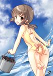  ass barefoot black_hair brown_eyes bucket casual_one-piece_swimsuit chize clam from_behind fubuki_(kantai_collection) kantai_collection one-piece_swimsuit short_hair solo swimsuit water 