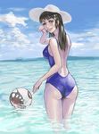  absurdres ass ball beachball blue_sky blue_swimsuit brown_eyes brown_hair cloud cowboy_shot day from_behind hair_bun hair_ornament hat highres kantai_collection lips long_hair looking_at_viewer looking_back murasaki-sin myoukou_(kantai_collection) nose one-piece_swimsuit outdoors sky smile solo strap_gap sun_hat swimsuit teeth wading water wet 