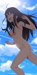  ahoge bad_id bad_pixiv_id black_hair bouncing_breasts breasts brown_eyes cloud condensation_trail day domo1220 girly_running hair_censor highres long_hair medium_breasts navel nude original running sky smile solo tears 