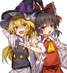  2girls :d apron arm_up ascot bangs black_hair black_hat black_skirt black_vest blonde_hair blush bow braid breasts brown_eyes colored_eyelashes commentary_request cowboy_shot detached_sleeves eyebrows_visible_through_hair fang frilled_bow frills hair_between_eyes hair_bow hair_tubes hakurei_reimu hand_on_hip hand_up hat hat_bow highres kirisame_marisa long_hair long_sleeves looking_at_viewer manarou multiple_girls open_mouth puffy_short_sleeves puffy_sleeves purple_bow red_bow red_skirt shirt short_hair short_sleeves sidelocks simple_background single_braid skirt skirt_set small_breasts smile touhou vest waist_apron white_apron white_background white_shirt wide_sleeves witch_hat yellow_eyes yellow_neckwear 