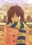  akizuki_ritsuko antenna_hair brown_eyes brown_hair haru_(primavera) highres idolmaster idolmaster_(classic) idolmaster_2 looking_at_viewer scarf short_hair solo 