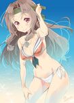  bikini breasts brown_hair cleavage commentary_request highres imu_sanjo jintsuu_(kantai_collection) jpeg_artifacts kantai_collection large_breasts looking_at_viewer solo swimsuit 