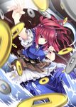  belt breasts coin commentary eyebrows_visible_through_hair fujy hair_bobbles hair_ornament holding holding_scythe large_breasts motion_blur onozuka_komachi puffy_short_sleeves puffy_sleeves red_eyes red_hair sash scythe shirt short_sleeves skirt solo spell throwing touhou two_side_up water 