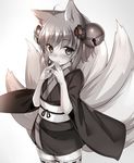  animal_ears bell cowboy_shot fingers_together flower fox_ears fox_tail hair_bell hair_flower hair_ornament inari_(sennen_sensou_aigis) japanese_clothes jingle_bell kimono mokyu monochrome multiple_tails obi ribbon-trimmed_legwear ribbon_trim sash sennen_sensou_aigis short_hair short_kimono solo tail 