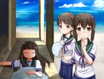  ame. blue_skirt brown_hair closed_eyes closed_mouth commentary_request finger_to_mouth fubuki_(kantai_collection) hatsuyuki_(kantai_collection) kantai_collection long_hair looking_at_viewer low_ponytail lying multiple_girls neckerchief on_back pleated_skirt ponytail sailor_collar school_uniform serafuku shirayuki_(kantai_collection) short_hair short_sleeves shushing skirt sleeping smile 