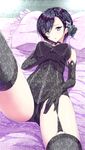  aramachi bangs bare_shoulders bed black_gloves black_hair black_legwear blue_eyes blush braid breast_hold breasts cattleya_(gothic_wa_mahou_otome) choker cowboy_shot crotch elbow_gloves french_braid frilled_pillow frills garter_straps gem gloves gothic_wa_mahou_otome hair_ornament hand_on_own_thigh highres indoors leg_up leotard looking_at_viewer lying medium_breasts on_back on_bed parted_lips pillow raised_eyebrows short_hair solo thighhighs 