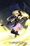  arm_strap armpits ass bangs belt black_gloves black_legwear blonde_hair breasts cape dated electricity energy_weapon fate_testarossa from_side full_body gloves glowing hair_ribbon halterneck highres holding holding_weapon leg_lift leg_up leotard long_hair looking_at_viewer looking_back loose_belt lyrical_nanoha magical_girl mahou_shoujo_lyrical_nanoha miniskirt night night_sky outdoors pleated_skirt polearm red_eyes ribbon runes scythe see-through showgirl_skirt signature skirt sky small_breasts solo standing standing_on_one_leg star_(sky) thighhighs turtleneck weapon wind wind_lift yuitsuki1206 