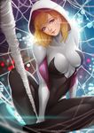  blonde_hair blue_eyes blurry bodysuit breasts city depth_of_field gradient gradient_background gwen_stacy hood lens_flare looking_at_viewer magion02 marvel smile solo spider-gwen spider-man_(series) spider_web 