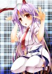  :o animal_ears belt blue_skirt blush breasts bunny_ears collared_shirt eyebrows eyebrows_visible_through_hair highres impossible_clothes large_breasts long_hair looking_at_viewer open_mouth parted_lips pose purple_hair red_eyes red_legwear reisen_udongein_inaba seiza shirt short_sleeves sitting skirt solo special_tan thighhighs touhou white_legwear white_shirt 