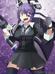  breasts dragonith eyepatch fang fingerless_gloves gloves headgear highres kantai_collection large_breasts necktie purple_hair sheath sheathed solo sword tenryuu_(kantai_collection) thighhighs turret weapon zettai_ryouiki 
