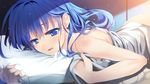  blue_eyes blue_hair game_cg long_hair looking_at_viewer lying matsuno_canel on_stomach pillow shirakawa_kobato smile solo taisetsu_na_kimi_no_tame_ni_boku_ni_dekiru_ichiban_no_koto 