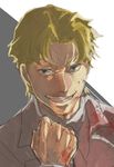  avvo_(ekireikirei) baccano! blonde_hair blood blood_splatter clenched_hand formal grin ladd_russo looking_at_viewer male_focus smile solo suit 