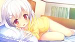  barefoot bed blush game_cg happy highres hood hoodie looking_at_viewer love_rec. nimura_yuuji no_pants panties solo underwear yanase_hitomi 