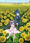  2girls :o absurdres ascot bare_shoulders black_bodysuit black_footwear black_gloves black_hair blue_bodysuit blue_eyes blue_hair bodysuit boots bow breasts brooch building collarbone commentary_request day dress egao_no_daika elbow_gloves field flower flower_field gloves grass hand_holding heart-shaped_gem highres jewelry key_visual looking_at_viewer lower_teeth medium_breasts mole mole_under_eye multiple_girls nakamura_naoto official_art open_mouth outdoors pilot_suit pink_bow pink_ribbon ponytail ribbon round_teeth running shiny shiny_hair shoe_ribbon short_dress smile stella_shining strapless strapless_dress sunflower teeth tongue tree twintails upper_teeth white_dress white_footwear white_gloves white_neckwear yuuki_soleil 