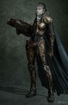  alien armor blue_eyes cape dc_comics dccu faora_hu-ul full_armor full_body gauntlets gradient gradient_background gun keith_christensen kryptonian looking_at_viewer man_of_steel pixie_cut realistic short_hair solo standing superman_(series) weapon 