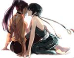  2girls artist_request ass black_hair bleach breasts dark_skin eyes_closed feet kneeling leggings long_hair multiple_girls open_mouth purple_hair shihouin_yoruichi short_hair simple_background sitting spandex sui-feng tan_skin tanned vest yellow_eyes yuri 