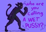  2015 angry anthro black_fur cat digitigrade english_text feline fur male mammal mutisija open_mouth purple_eyes purple_fur simple_background solo stripes text water wet 