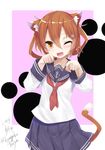  :d anchor_symbol animal_ears blue_skirt brown_hair cat_ears cat_tail dated fang hair_ornament hairclip heart heart-shaped_pupils ikazuchi_(kantai_collection) kantai_collection kyougoku_touya long_sleeves looking_at_viewer neckerchief one_eye_closed open_mouth paw_pose pleated_skirt red_neckwear sailor_collar school_uniform serafuku short_hair skirt smile solo symbol-shaped_pupils tail transparent_background twitter_username 