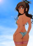  :o absurdres ass back bikini blush brown_eyes brown_hair day hair_ornament highres looking_at_viewer looking_back nanashi_noiji simple_background solo striped striped_bikini swimsuit tan tanline to_love-ru yuuki_mikan 